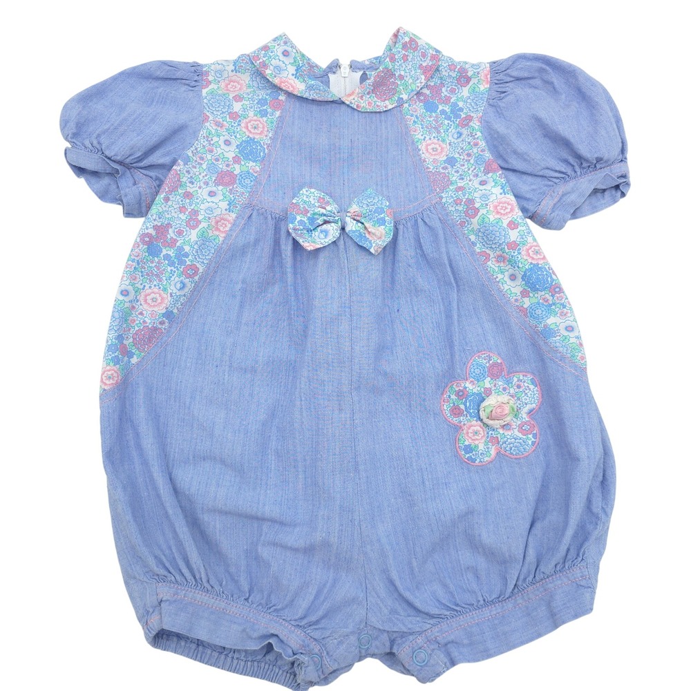 Vintage Floral Chambray Bubble Romper Blue One Piece Toddler 3T